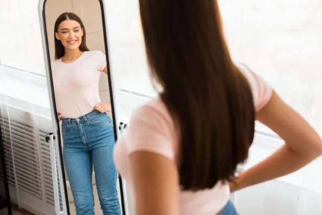 Woman holding her waistline looking into a mirror