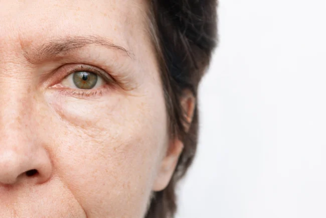 close up of woman with puffiness under eyes