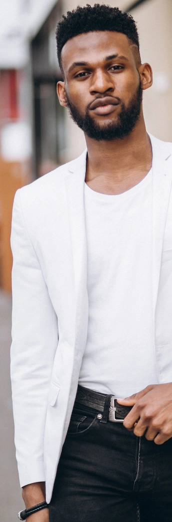 confident stylish man in white jacket