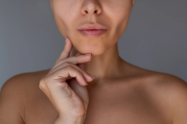 Close up of young woman's lower face showing sculpted jawline and slimmer cheeks after buccal fat removal surgery.